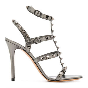 Valentino Rockstud 105 Grey Leather Stud Caged Ankle Strap Sandal Heel Pump 40.5